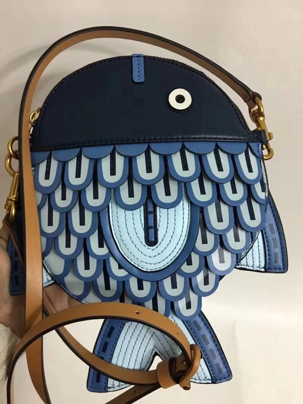 Tory Burch Blue Fish-Shaped Crossbody Bag with Tan Strap